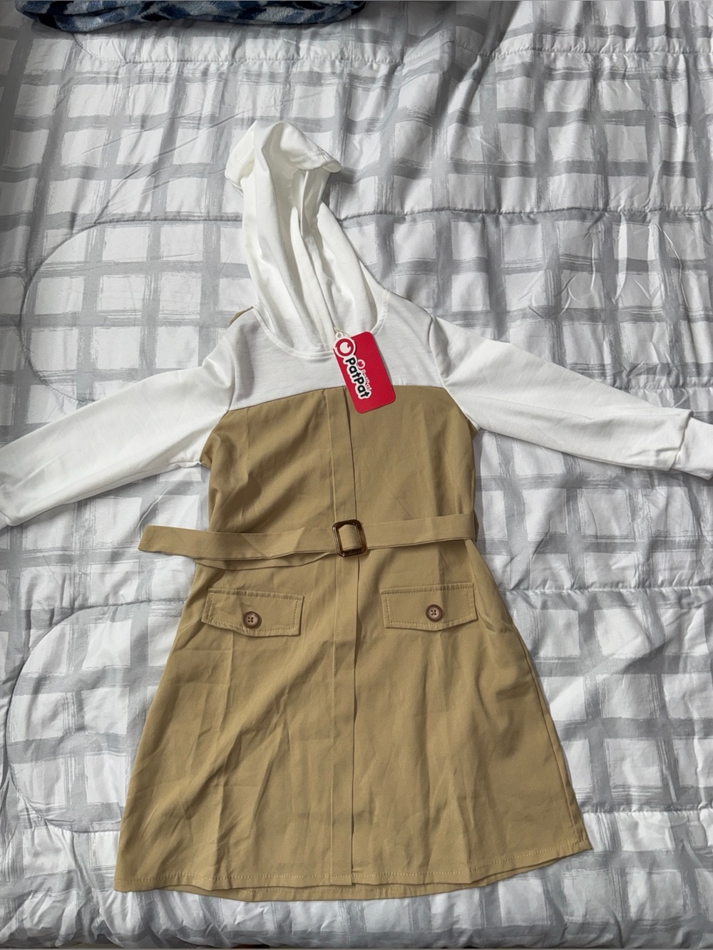 PatPat White Hooded Top with Tan Belted Long Sleeve Dress Girls 5-6 Y